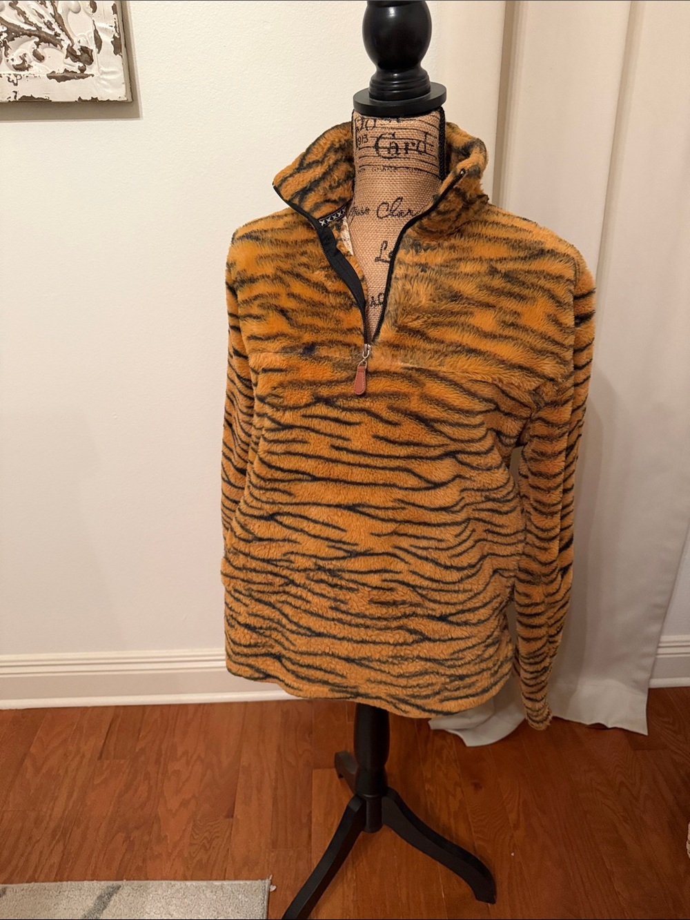 Tiger-Stripe Fleece Quarter-Zip Sweater - Orange S/M